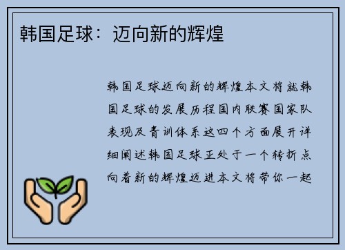 韩国足球：迈向新的辉煌